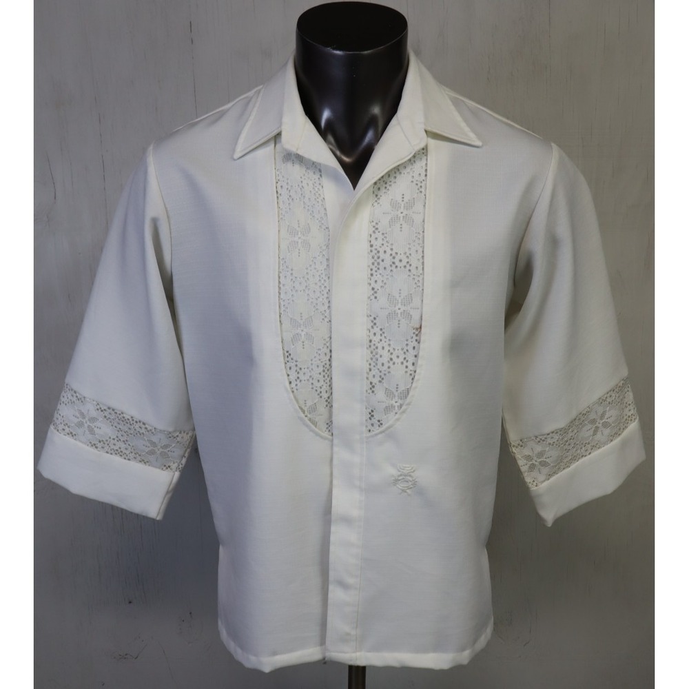 Vintage Beau Tiki Shirt Mens‎ M White Button Up Lace Lolani Hawaii Wedding USA